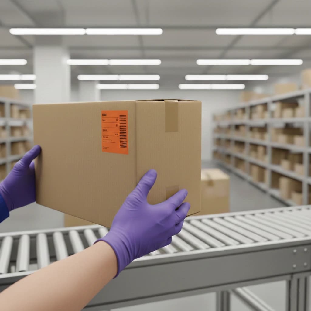 Mitarbeiter von Nordway Logistics mit Schutzhandschuhen prüft sorgfältig ein Paket am Förderband in einem organisierten Logistiklager.