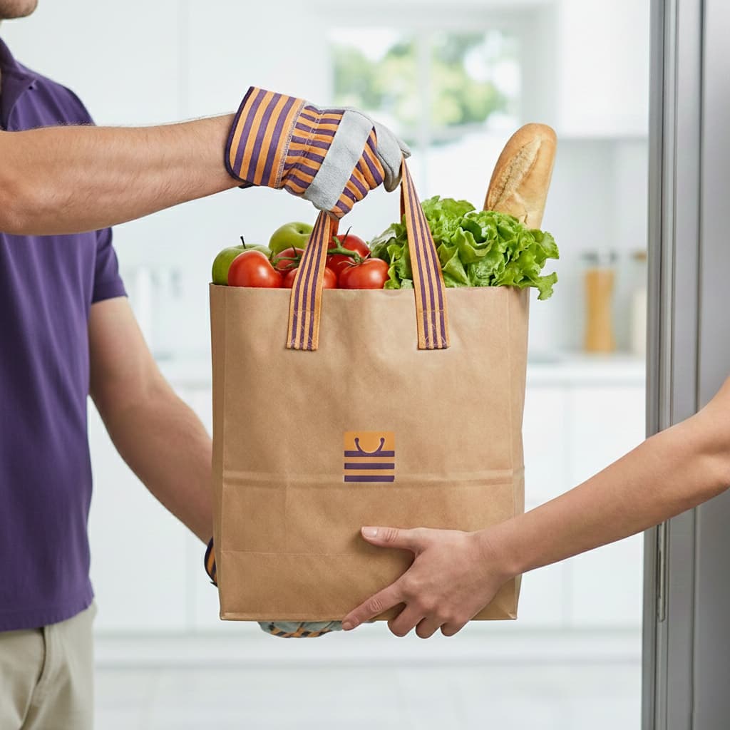 Ein Kurier von Nordway Logistics übergibt eine Papiertüte mit frischem Gemüse und Brot an eine Kundin, was für zuverlässige Lebensmittelzustellung steht.