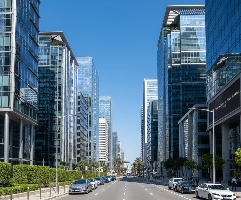 Moderne Stadtstraße mit Glaswolkenkratzern und fließendem Verkehr steht für die effiziente urbane Logistik und Lieferketten-Infrastruktur von Nordway Logistics.