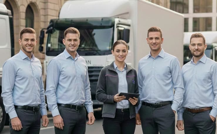 Ein professionelles Logistikteam in hellblauen Hemden steht lächelnd vor einem weißen Lieferwagen, eine Frau in der Mitte hält ein Tablet für die Lieferplanung.