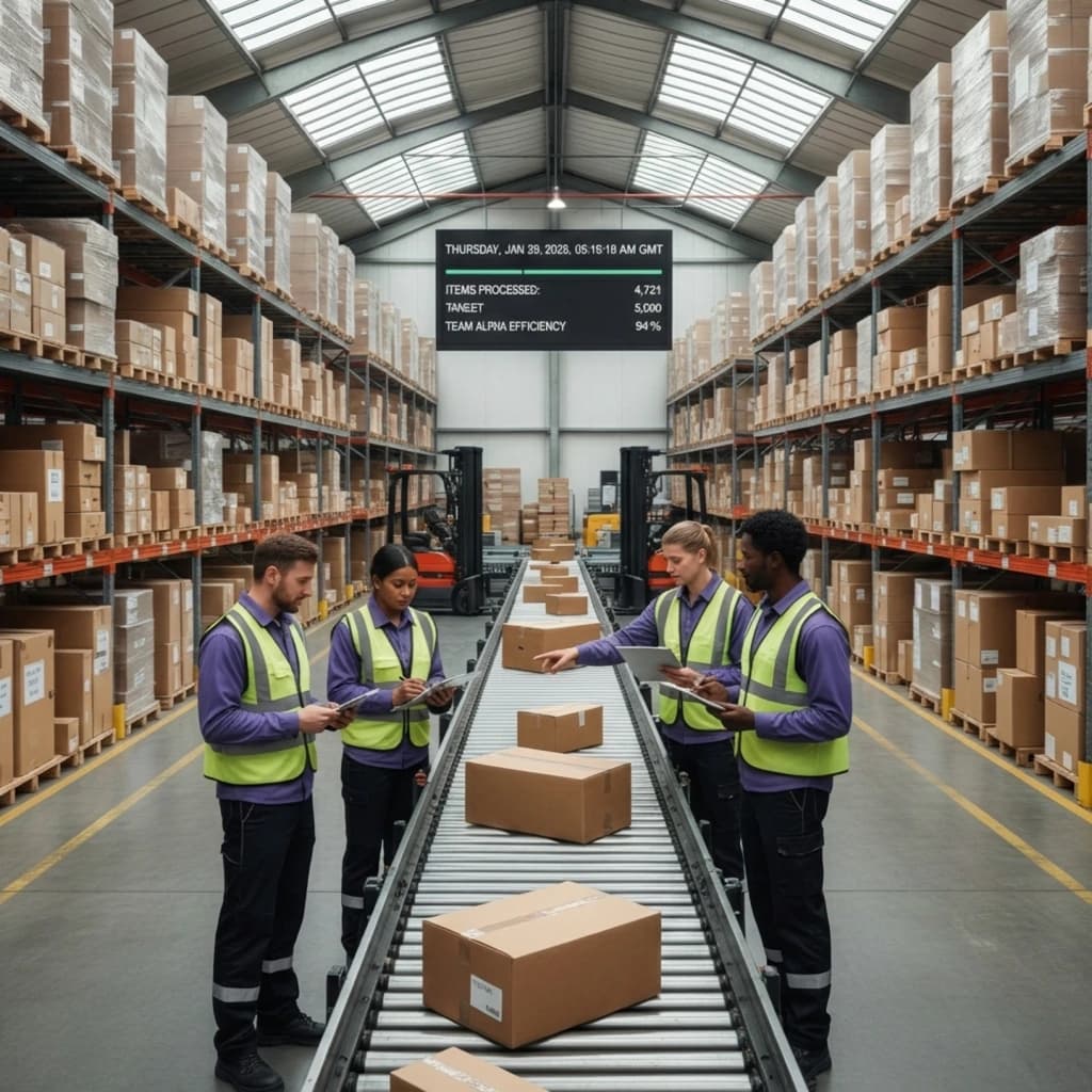 Mitarbeiter von Nordway-Logistics kontrollieren den Warenbestand an einem Förderband in einem modernen Logistikzentrum mit digitaler Bestandsanzeige.