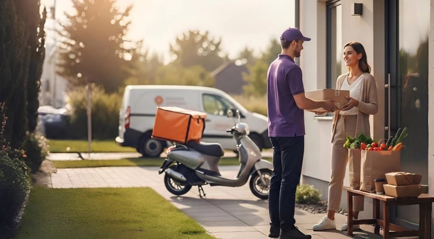 Ein Kurier von Nordway Logistics übergibt einem lächelnden Kunden ein Paket vor einem Wohnhaus, was für zuverlässige und freundliche Zustellung steht.